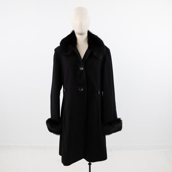 Vintage M Cashmere Wool Fox Fur Winter Coat Black - Picture 11 of 12